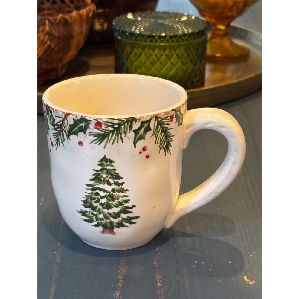 Pier 1 Imports Winters Wonder Christmas Tree Holly Berry Ceramic Coffee Mug